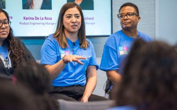 (Right to left) Jennifer Aranzolo-Castro, Karina De La Rosa, and Aisha Blanchard participate in the Choices Women in STEM Panel where they spoke to students about their career journeys.